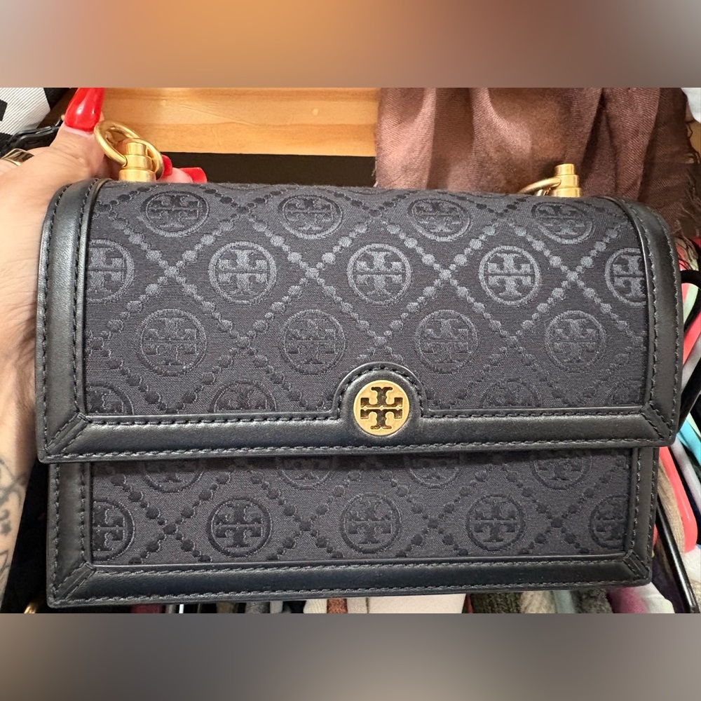 Tory Burch Black and Gold Logo Shoulder Bag